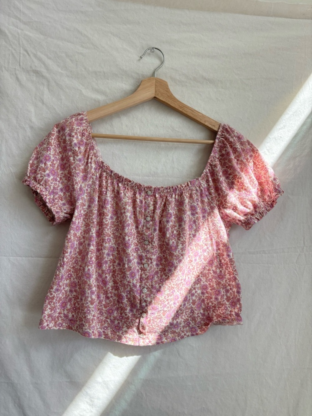 Floral Puff-Sleeve Peasant Top - Pink